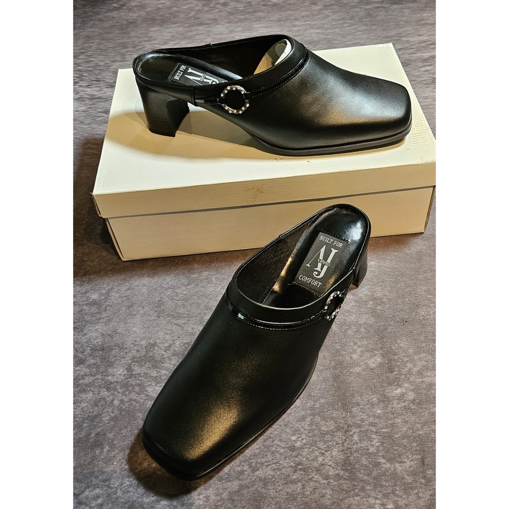 AJ Valencia Comfort Black Leather Mules Rhinestone Accent Square Toe SZ 9.5